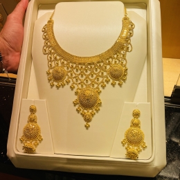 22K Gold Elaborate Necklace and Long hanging Earring Set
